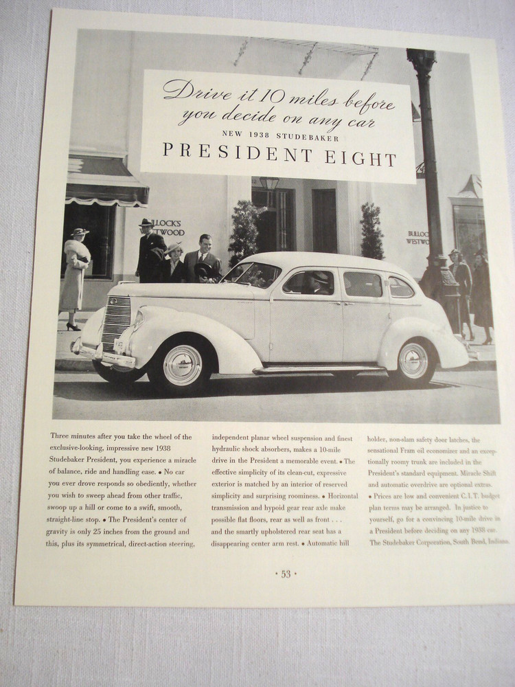 1937 Automobile Ad New 1938 Studebaker President Eight