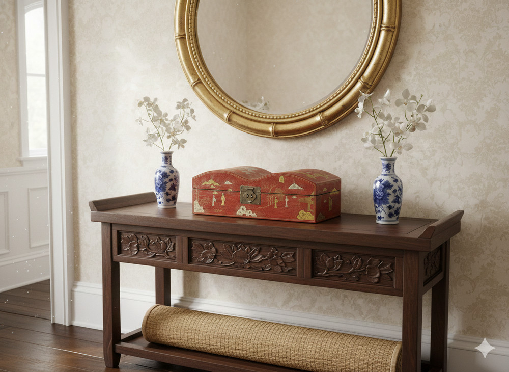Red Lacquer Chinoiserie-style Gold Silver Scenery Graphic Rectangular Box GB230
