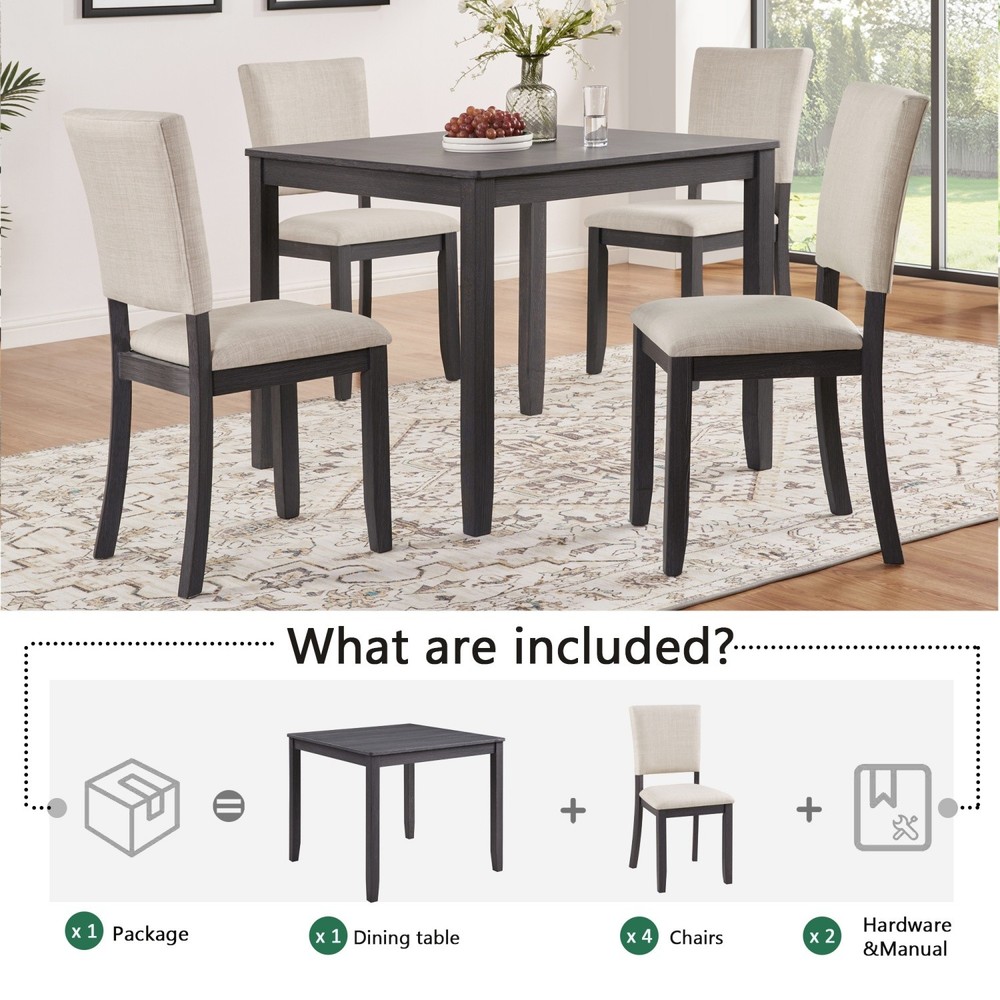 Modern 5 Piece Dining Table Set Wood Square Dining Table & 4 Upholstered Chairs