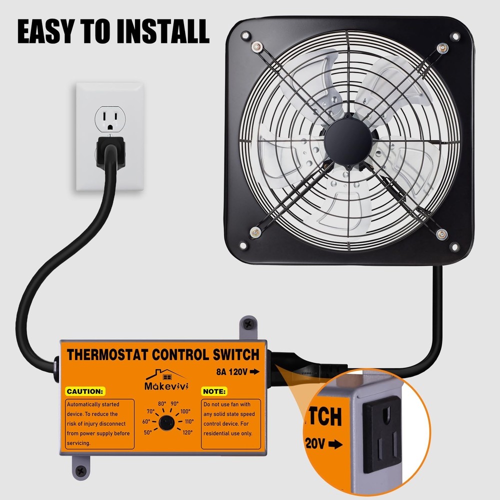 Attic Fan Thermostat-Control, Adjustable Thermostat with Overload Protector, ...