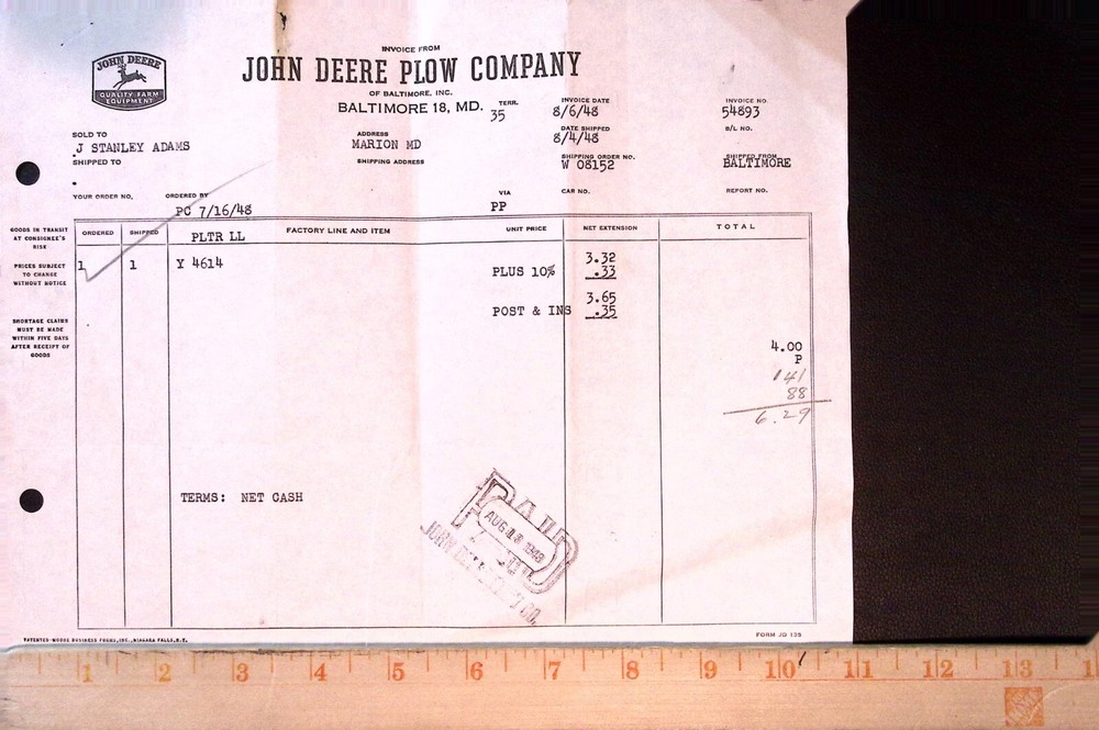 John Deere Plow Company Invoice 1948