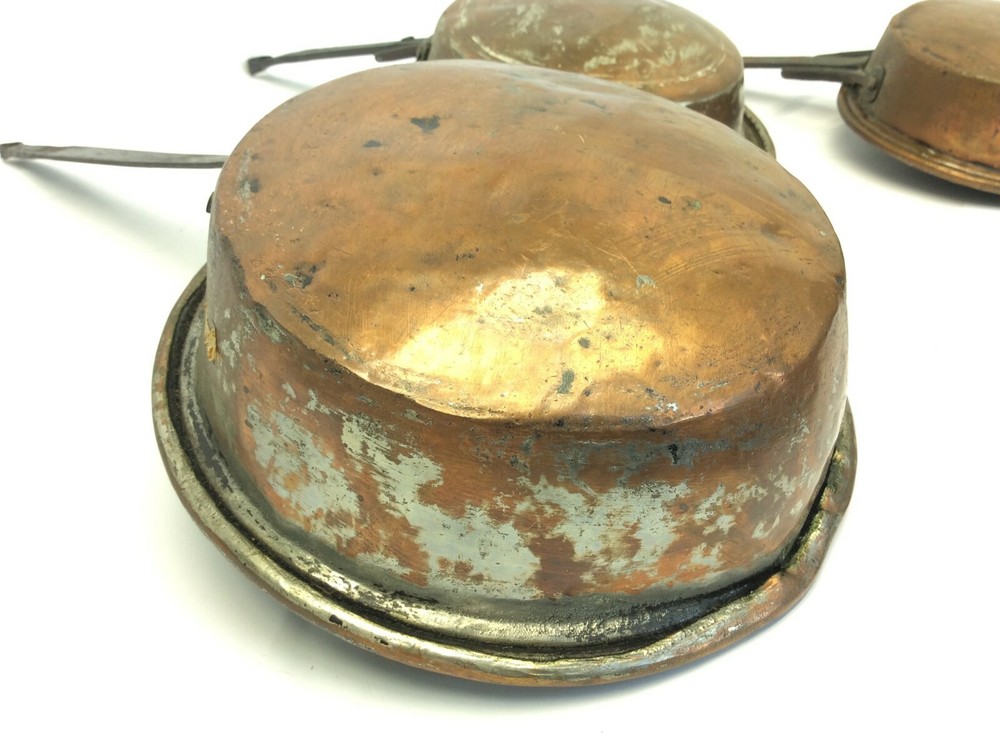 Set Three Forged Handle Iron Copperware Old Cookware Skillets Pans