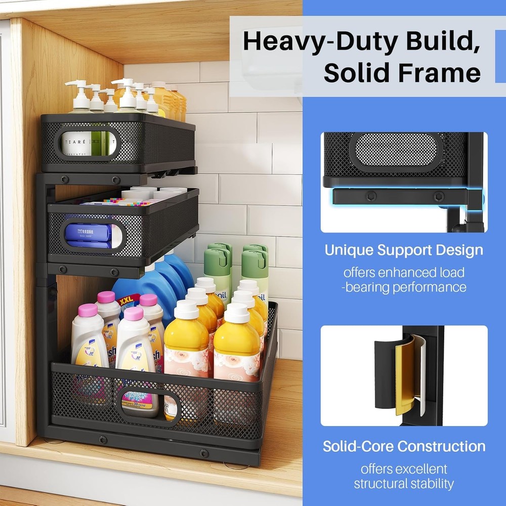 Under Sink Organizer 2-Pack 3-Tier Thickened Metal Pull out Cabinet Organizer