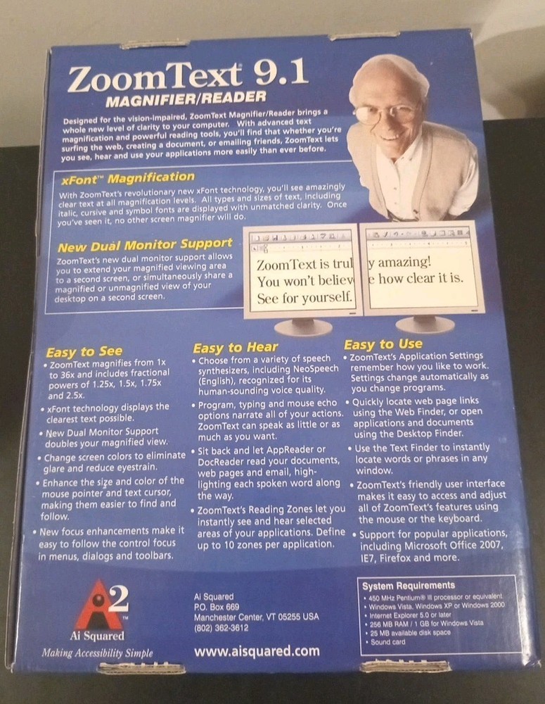 ZoomText MAGNIFIER & SCREEN READER Ver 9.1 Ai Squared Zoom WINDOWS Vista/XP/2000
