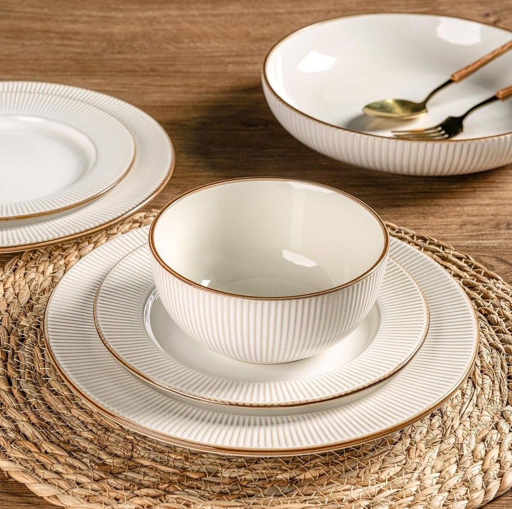 Ceramic Dinnerware Sets,12 pcs Embossed Elegant Stoneware Plates & Bowls Sets