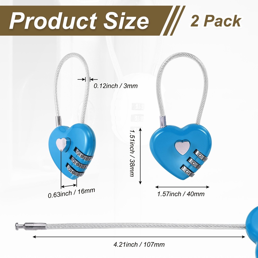 2-Pack Combination Padlock, 3 Digit Heart Shaped Cable Luggage Lock [Blue]
