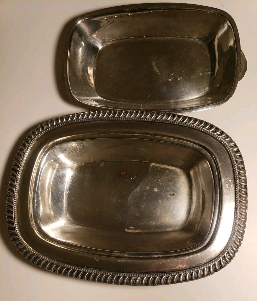 Vintage Silverplate on Copper Rectangular Handled Covered Vegetable Dish 12 inch