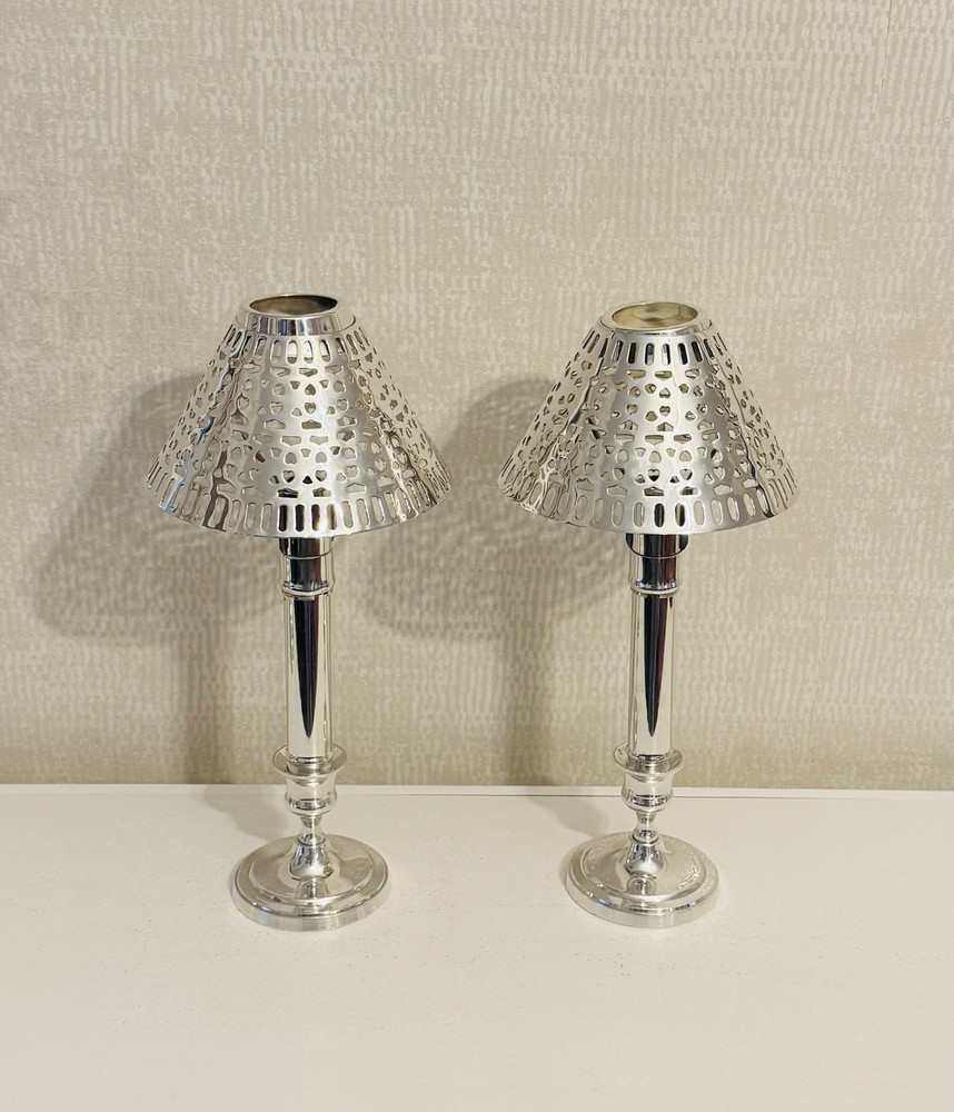 Vintage 2 Silverplate Springloaded Candlestick Holders With Silverplate Shades