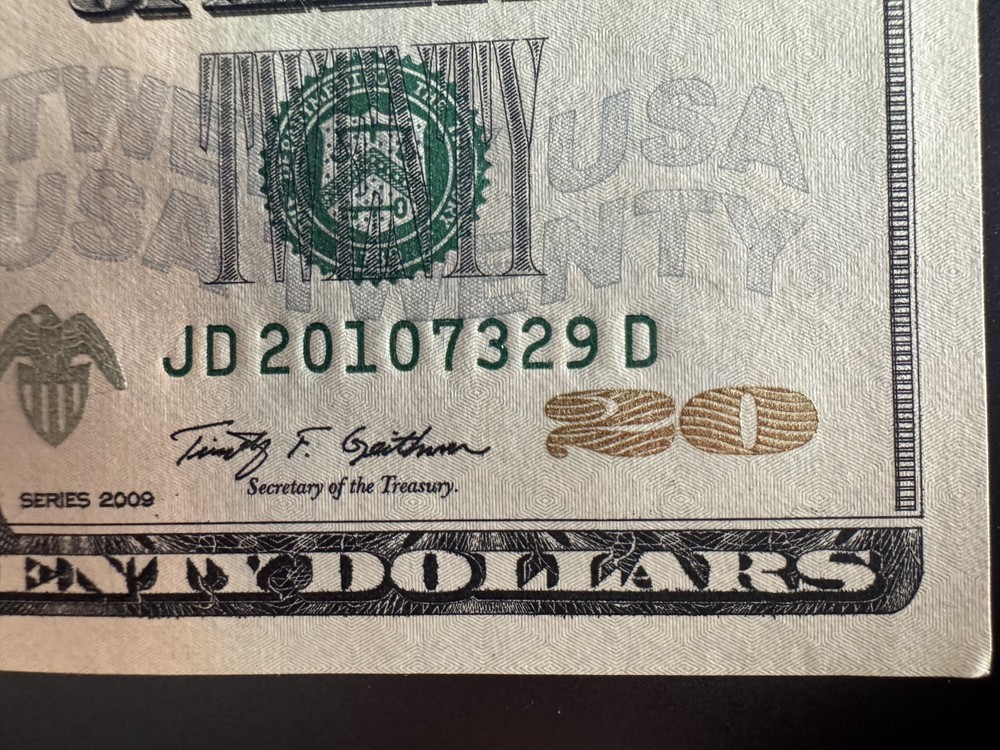 One (1) 2009 $20 Note w/Over-Ink, Over-Stamped Error on both Serial Numbers