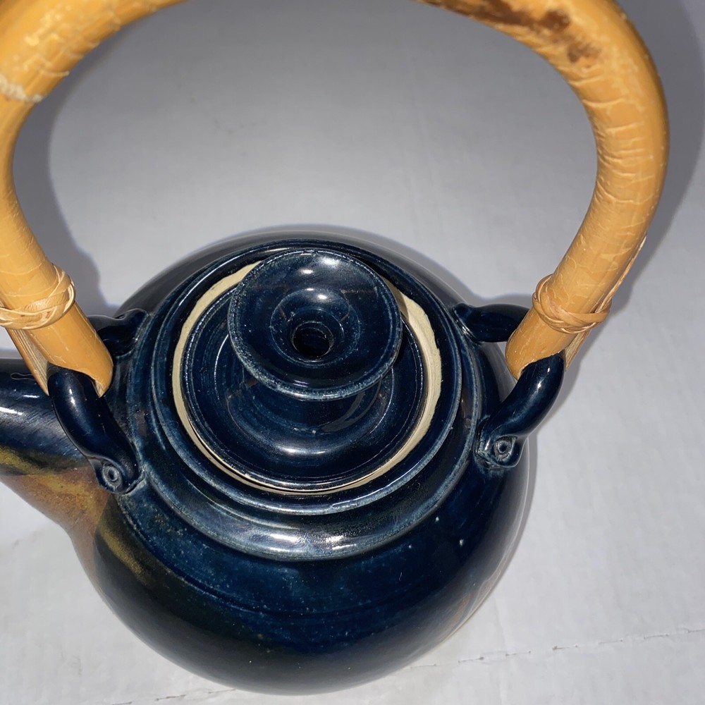 Teapot Signed Pottery Bamboo Handle Blue; Kitchen Decor
