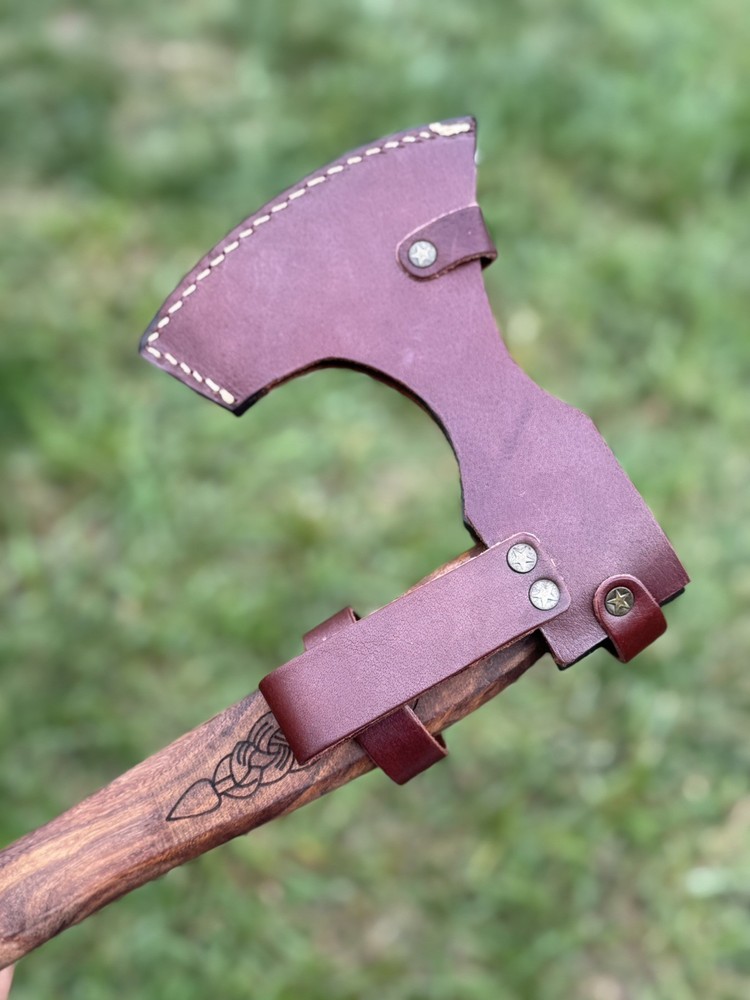 Custom Handmade Carbon Axe Engraved Handle With Leather Sheath