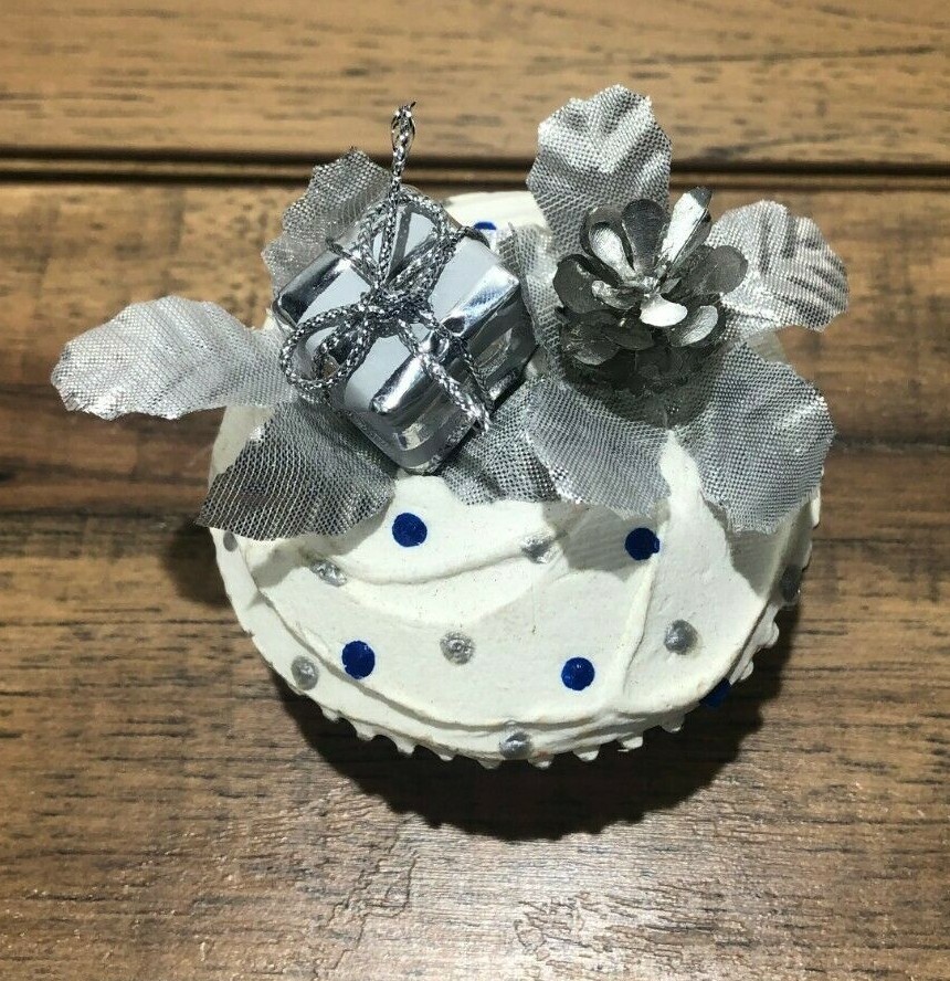 Fake Silver And Blue Winter Themed Decorative Cupcake 3" Diameter