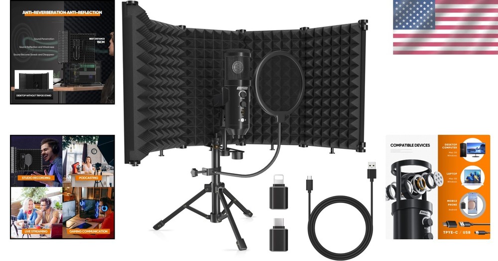 USB Studio Microphone Kit: Plug & Play Condenser Mic, Isolation Shield, Pop F...