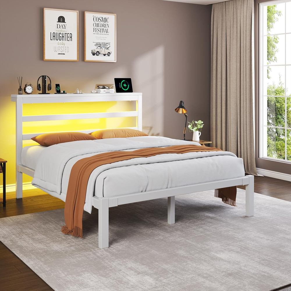 Full Size Bed Frame with Storage Headboard, Industrial Platform Bed with Chargin