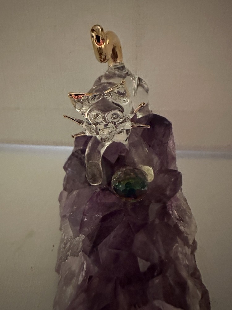 Cat With Rainbow Cut Ball On Amethyst Geode Stone