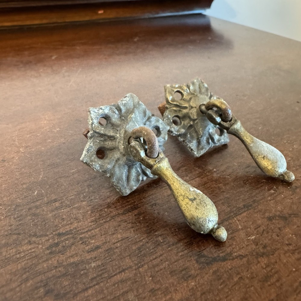 2 - Antique Brass Star - Teardrop, Drop Draw Pulls Handles Pair Set