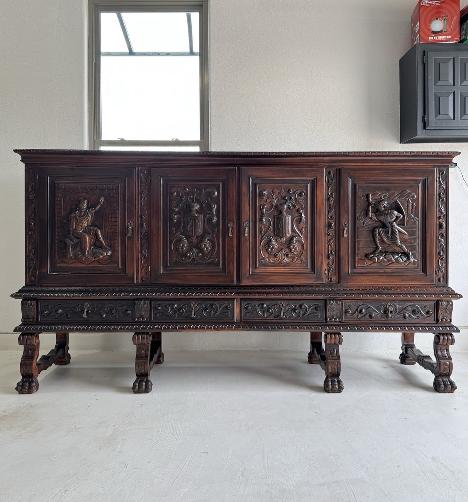 Large EXQUISITE Vintage Spanish Figural Carved Buffet or Sideboard