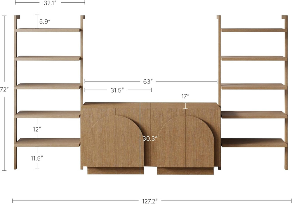 Mid-Century Modern Iris Sideboard & Bookcase Set - Light Brown Wood Storage