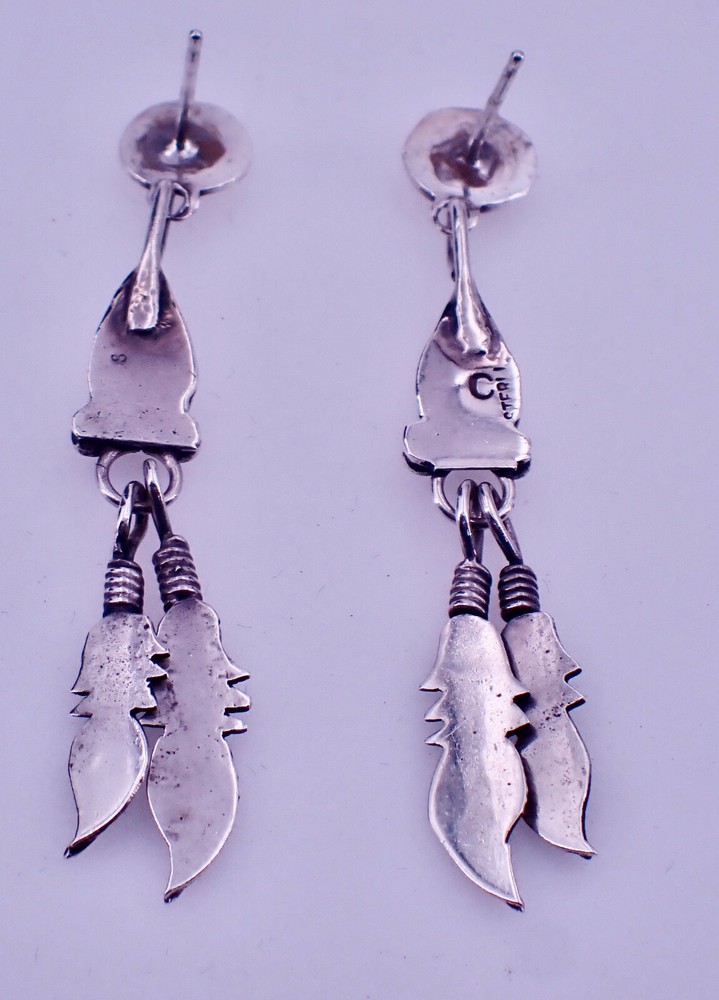 Sterling Feather Drop Earrings Possibly Southwestern signed