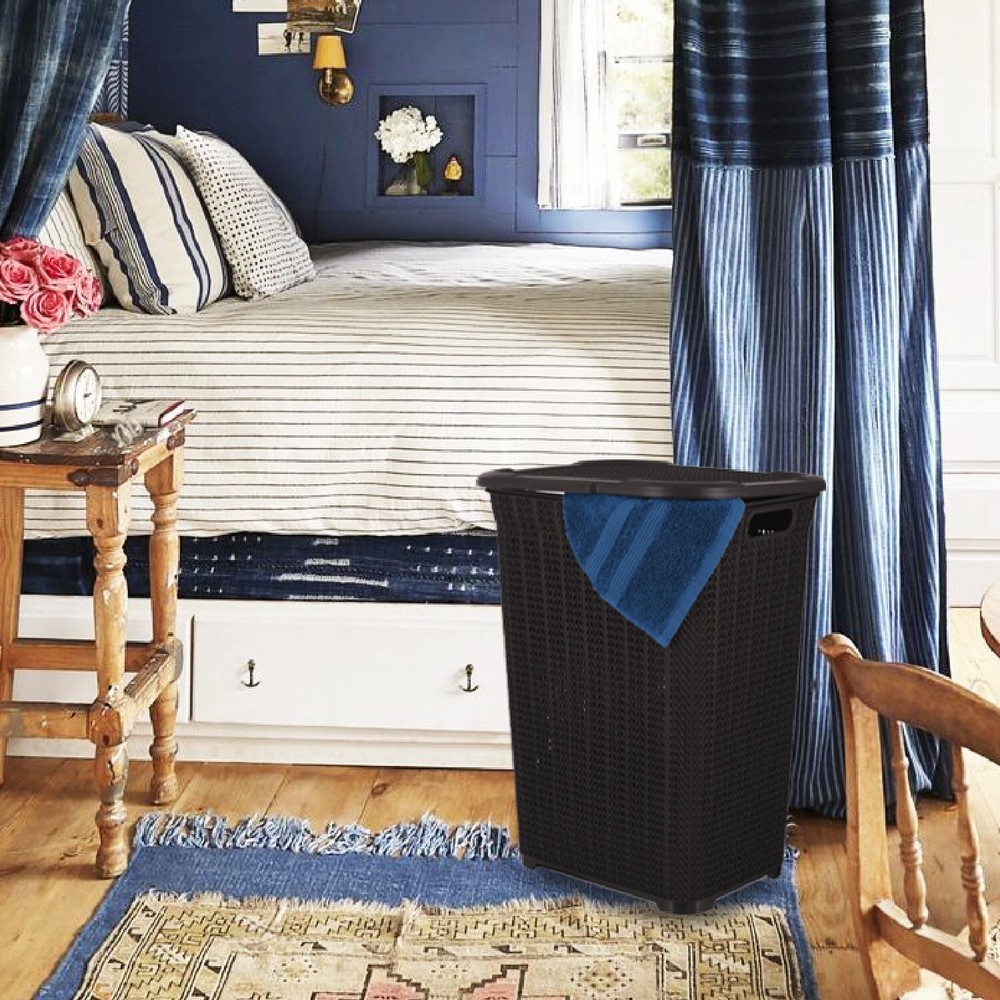 Plastic Laundry Hamper with Lid 50 Liter , Brown 2 Pack Knit Designed, Durable