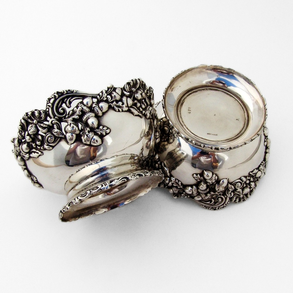 Applied Acorn Border Footed Bowls Pair Sterling Silver