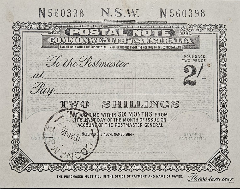 1962 Australian Postal Note Two Shillings N.S.W.