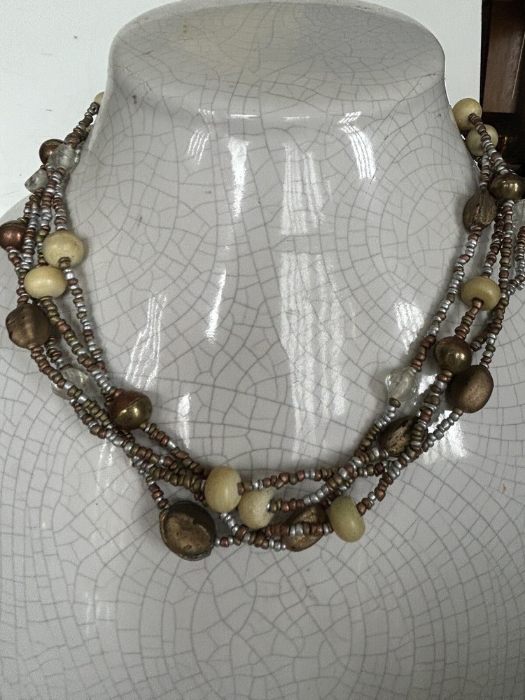 Necklace Multi Strand Neutral Seed Bead Statement Layering Brown Beachy Boho