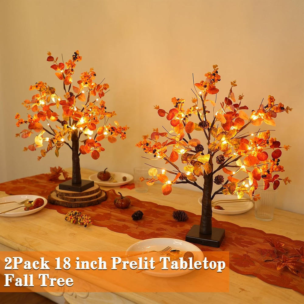 [ Prelit & Timer ] 2 Pack Fall Decor Tabletop Fall Tree with 48 LED Battery