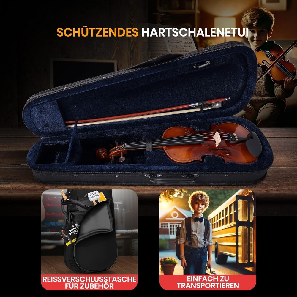 Pyle 1/4 Size Beginner Violin Starter Kit w/ Travel Case & Bow, Extra Strings