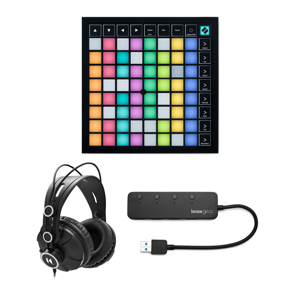 Novation Launchpad X Grid Controller w/ Headphones and Port USB Hub Bundle