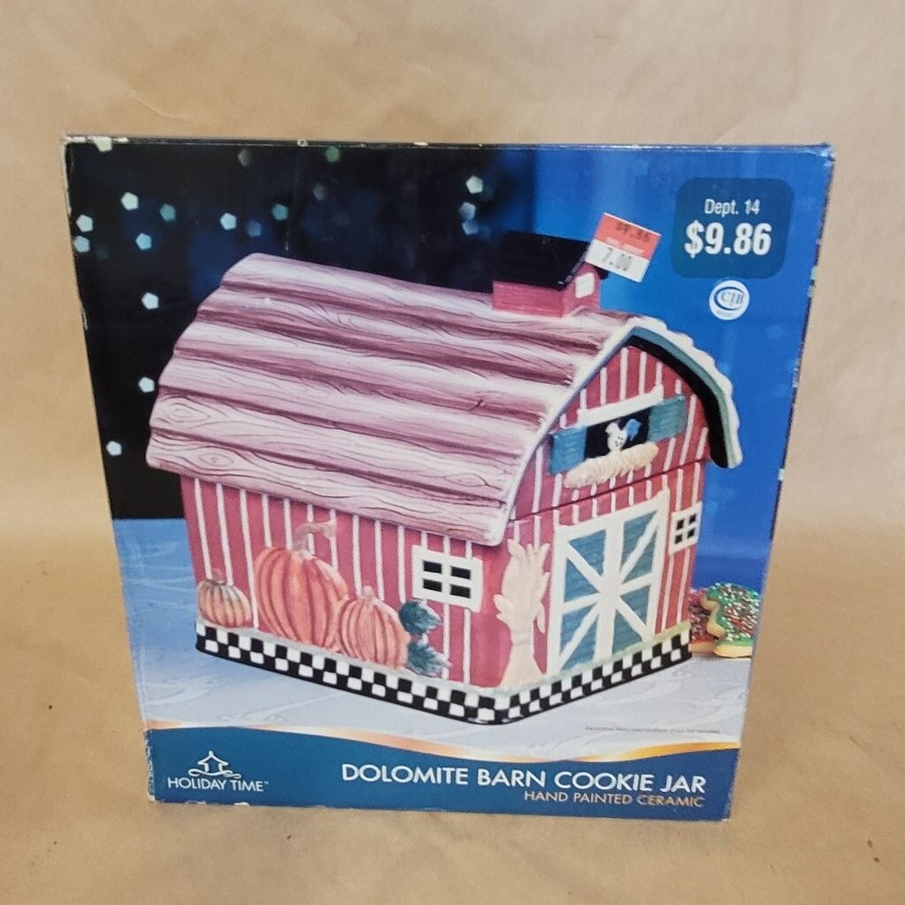 Holiday Time Dolomite Barn Cookie Jar, NIB