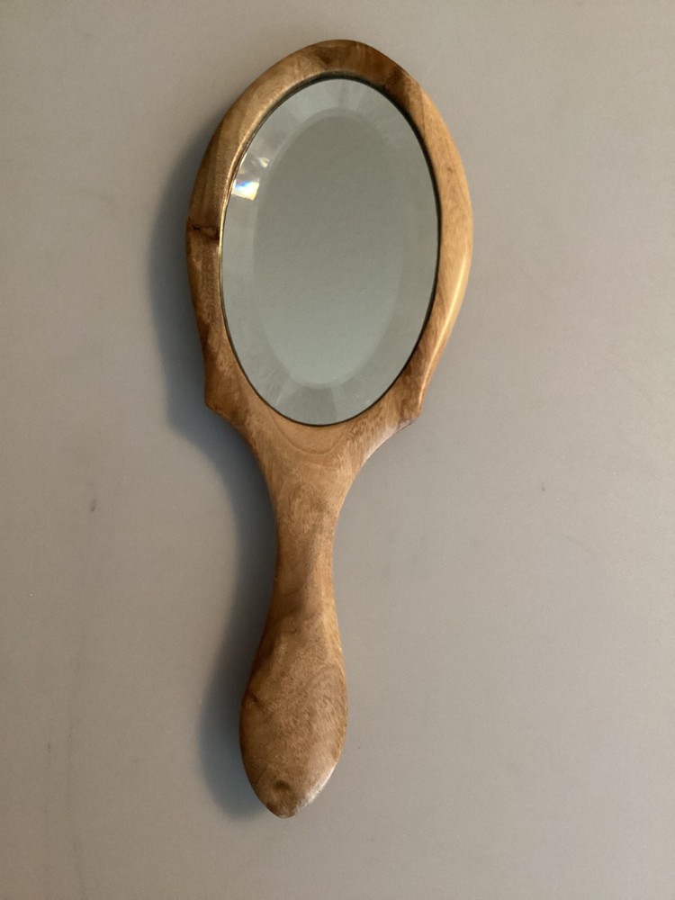 MRYTLE WOOD FRAMED OVAL HAND HELD BEVELED MIRROR