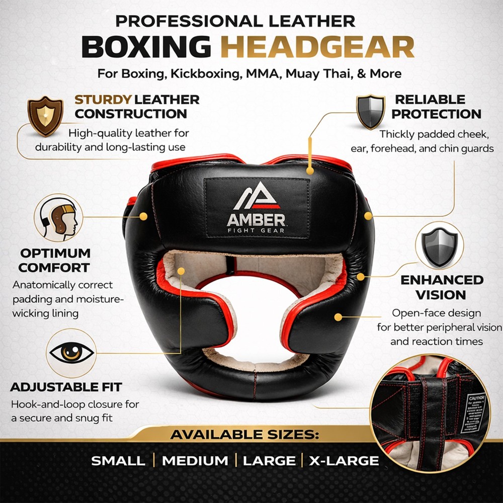 Amber Professional Leather Boxing Headgear for Training, Sparring, Kickboxing
