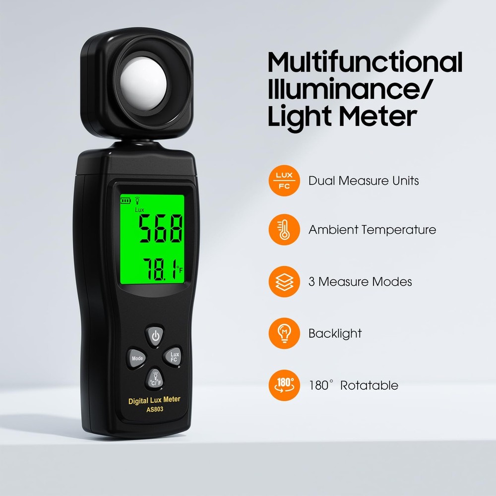 Digital Illuminance Light Meter, 0~200,000 Lux Range with 180º Rotating Senso...