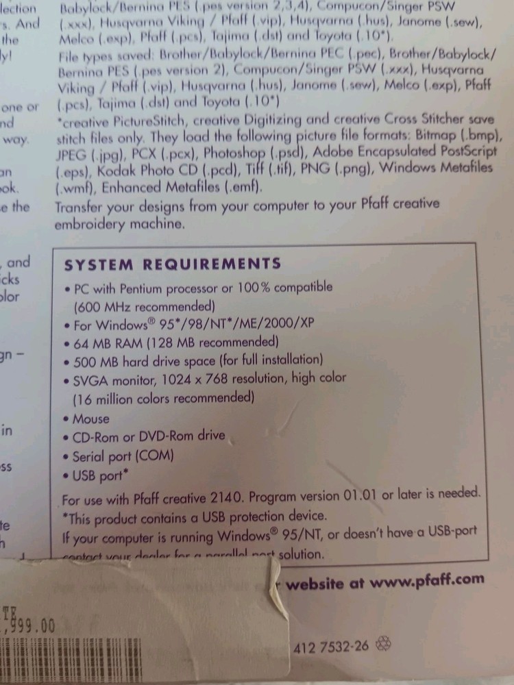 Pfaff PC CREATIVE SUITE Software W/DONGLE HTF 4 WINDOWS Gently Used Orig $2000.