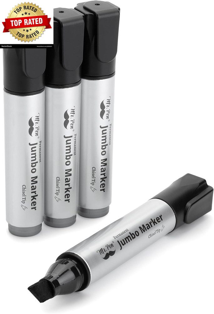 Jumbo Permanent Markers, 4 Pack, Chisel Tip, Black, Thick, Large, Wide Tip