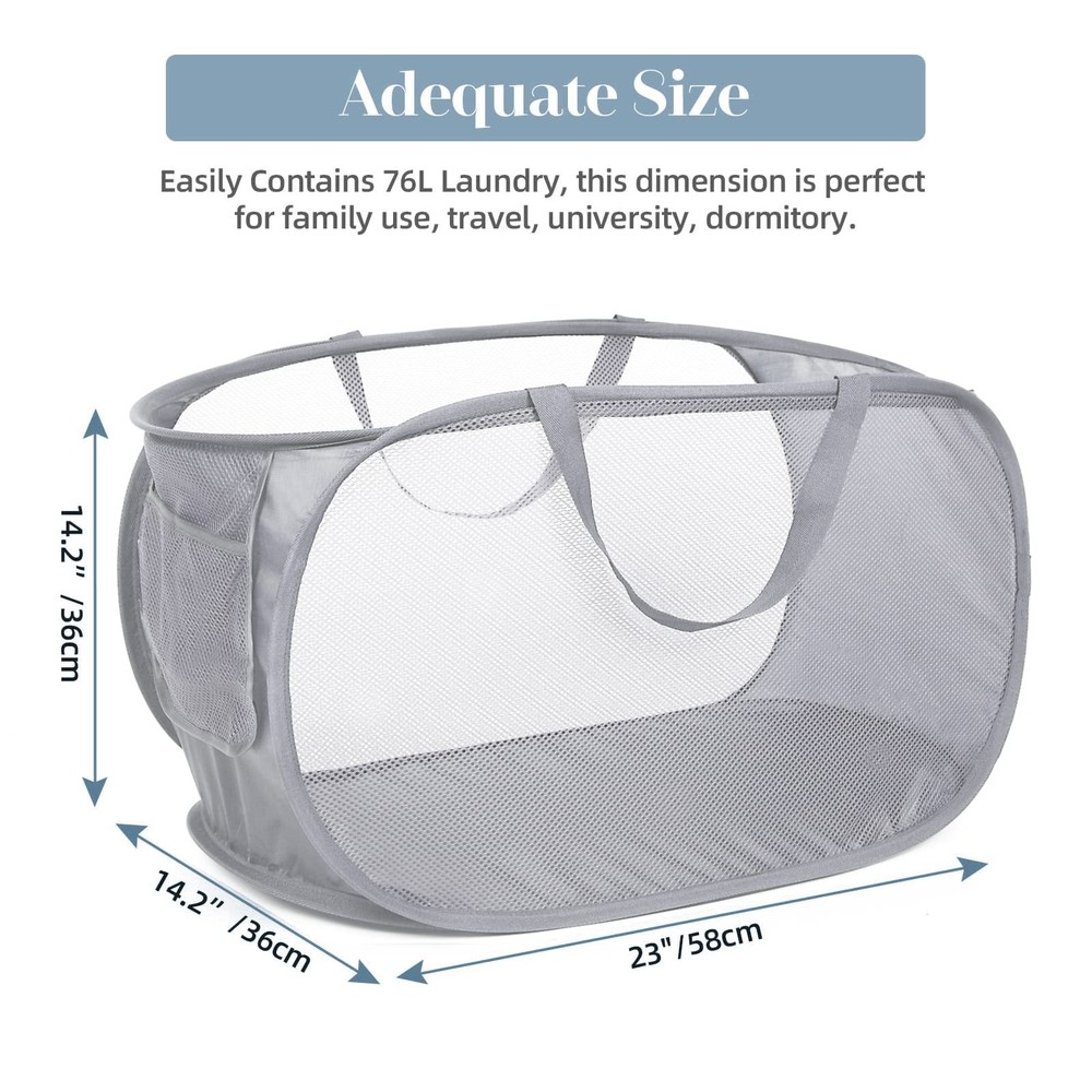 3 Pack Collapsible Laundry Basket Mesh Pop Up Hamper Foldable Grey Clothes