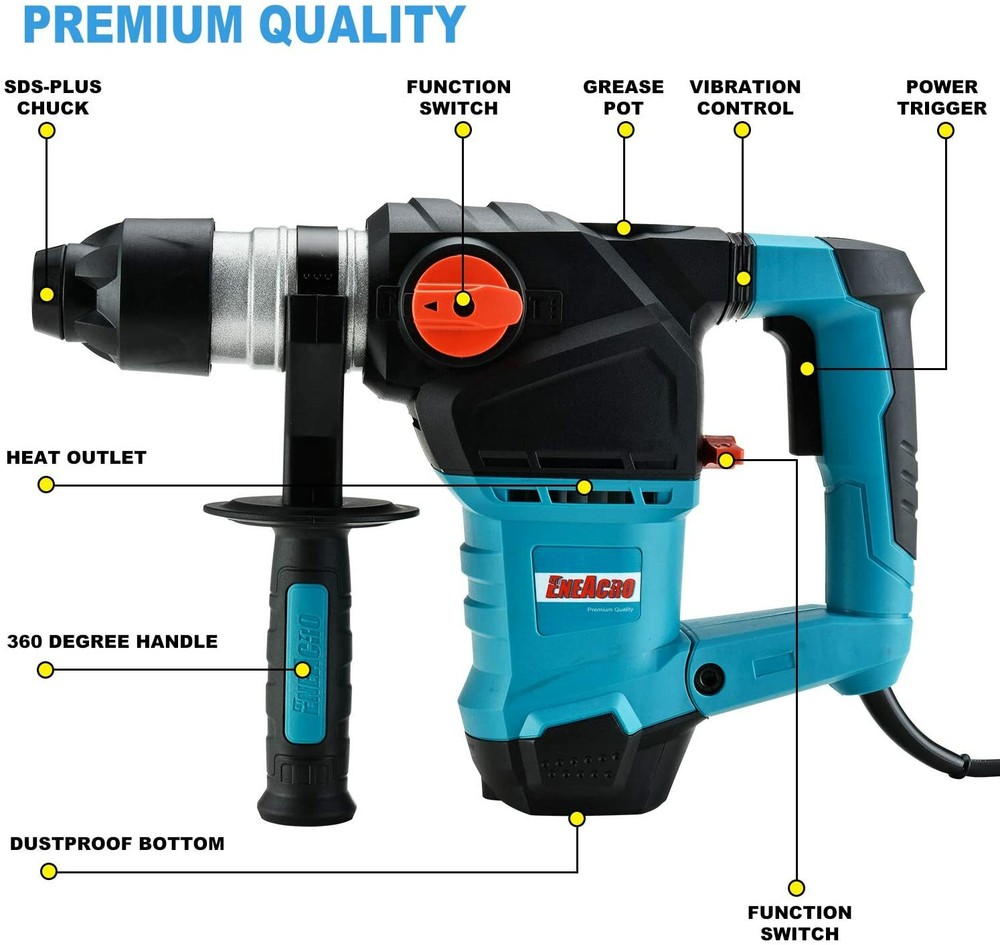 Heavy Duty Rotary Hammer Drill 12.5 Amp Electric Power Chisel Tool Kit w/ Case
