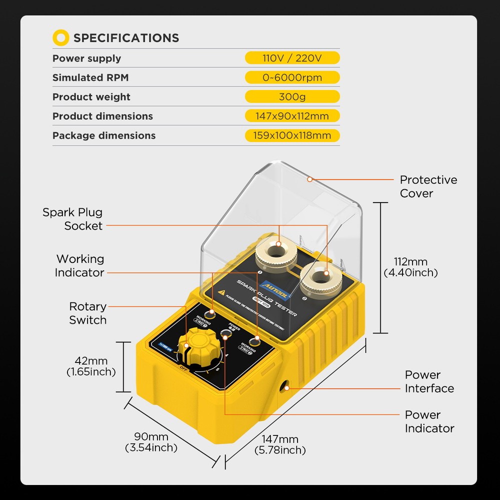 AUTOOL SPT105 Spark Plug Tester, 2HOLE Adjust Height, Car Ignition Analyzer 12V