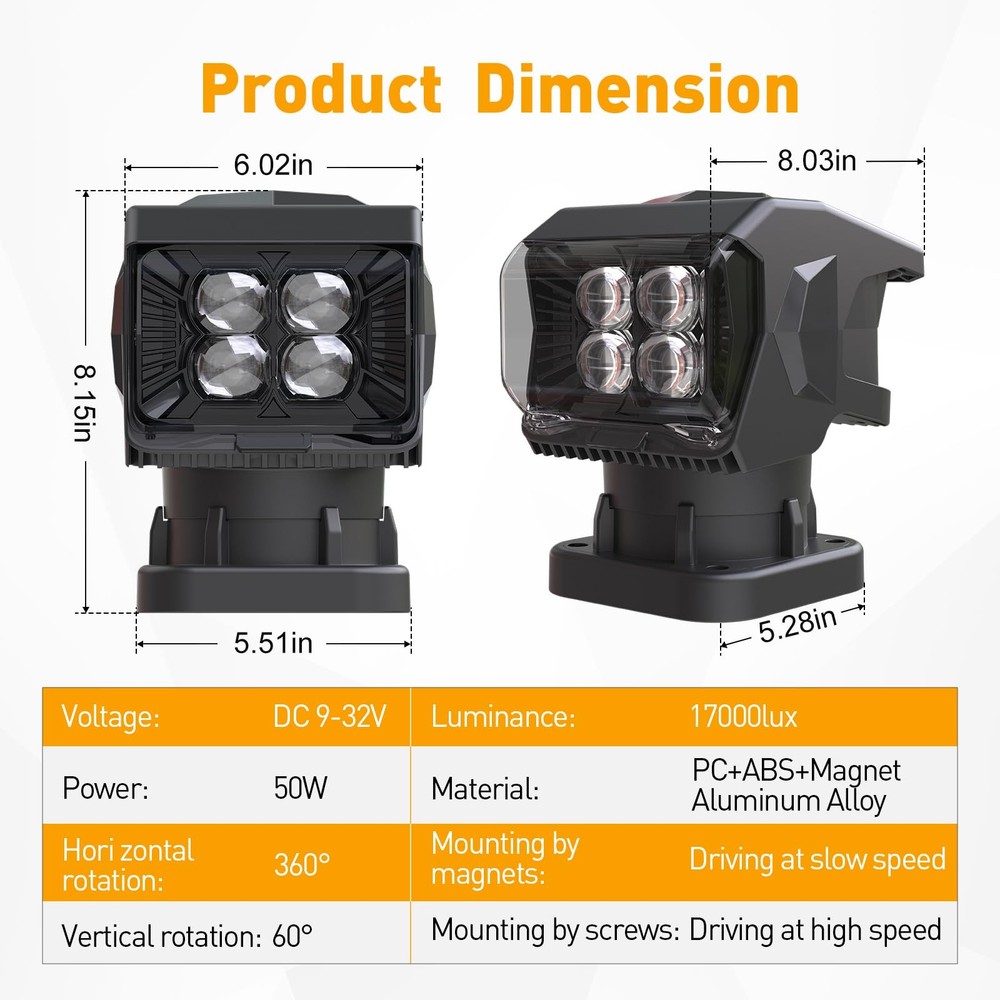 Remote Control LED Spotlight for Trucks Searchlight 50W, 360°Rotating Black