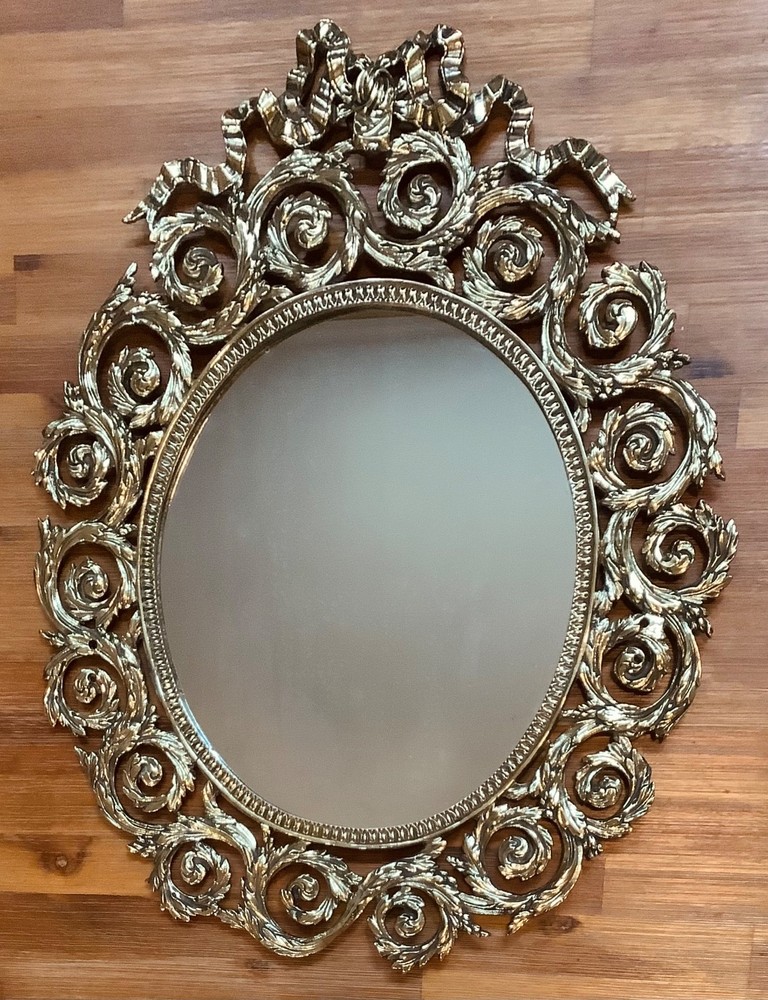 Ornate Victorian Solid Brass Oval Wall Mirror Bow & Laurel Rosettes 18” x 14.5”