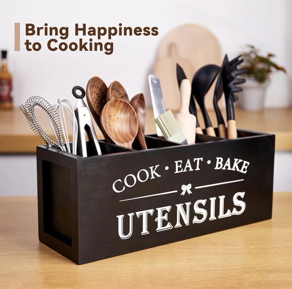 Utensil holder for Kitchen Counter Large Round Utensils Holder with Wooden Base