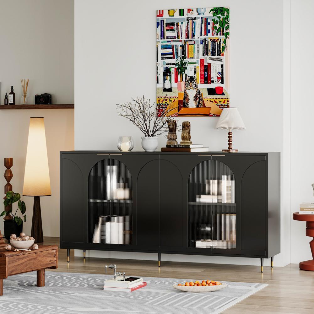 Sideboard Buffet Server Cabinet Storage Cabinet with 4 Glass Doors Black