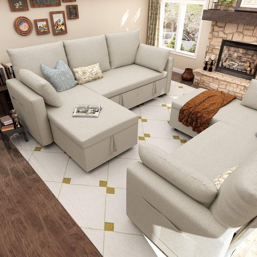 Linen Sleeper Sofa Bed,Pull OutCouch Bed with Storage Chaise