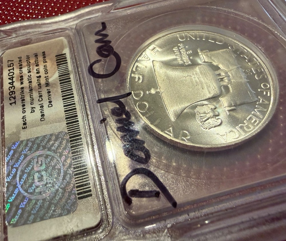 Moonlight Mint Dan Carr 1948-DC proof-like Franklin Silver Half Overstrike