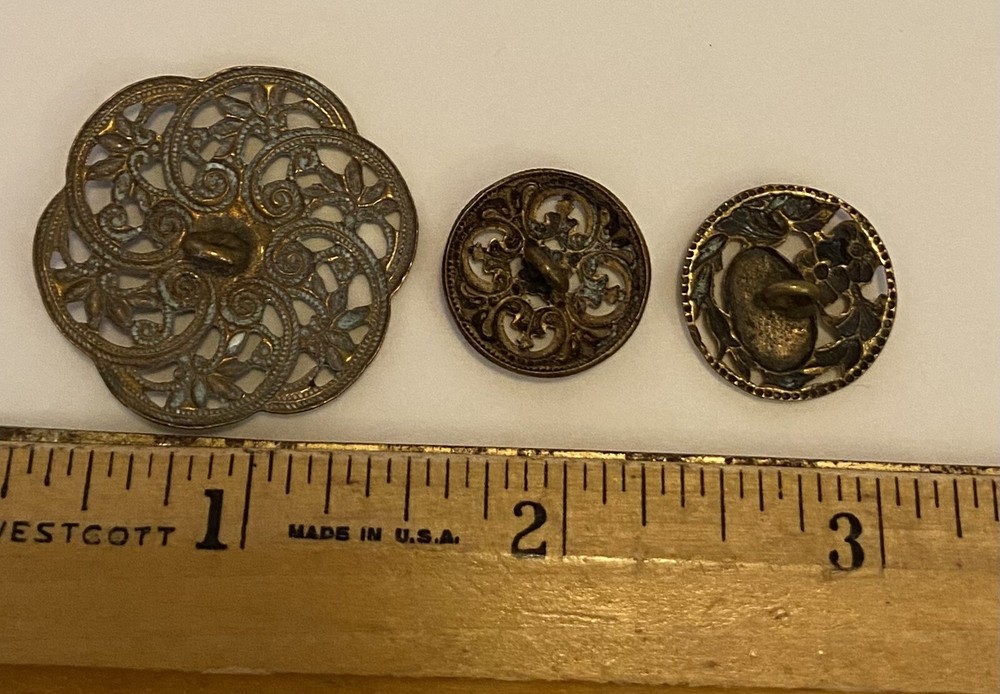 Antique Lacy Pierced Openwork Brass Button Lot 3 solid one-piece loop shanks