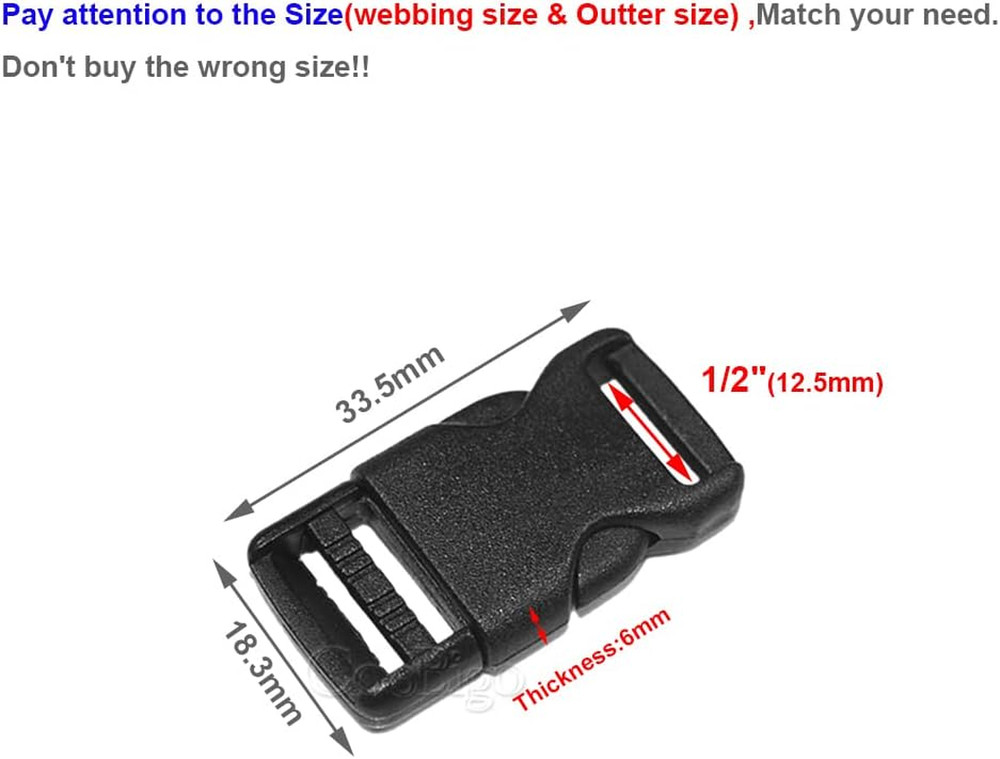 Coobigo 10Pcs 1/2"(12.5Mm) Side Release Buckles Plastic Black Quick Adjustable B