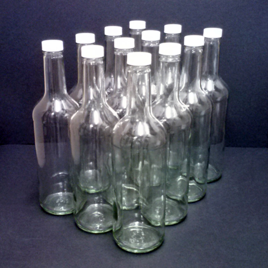Clear Glass Wine Bottles 1-Liter with white screw caps, 12/pack