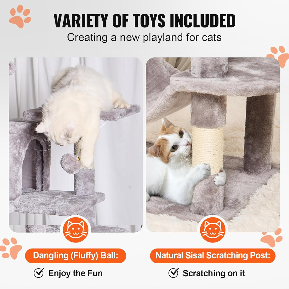 Deluxe 63" Cat Tree with Condos, Hammock, Scratching Post & Perch - Light Grey