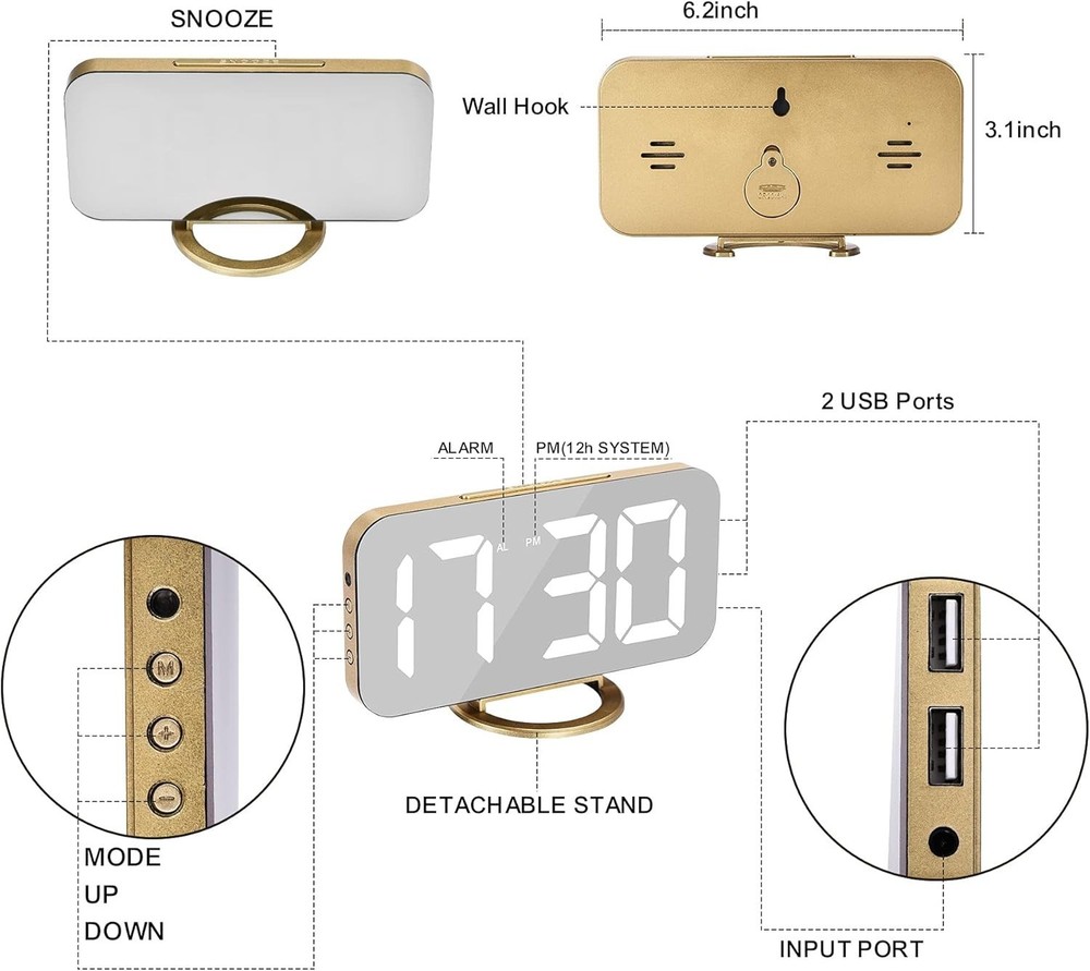 Digital Alarm Clock - Gold - Modern Style